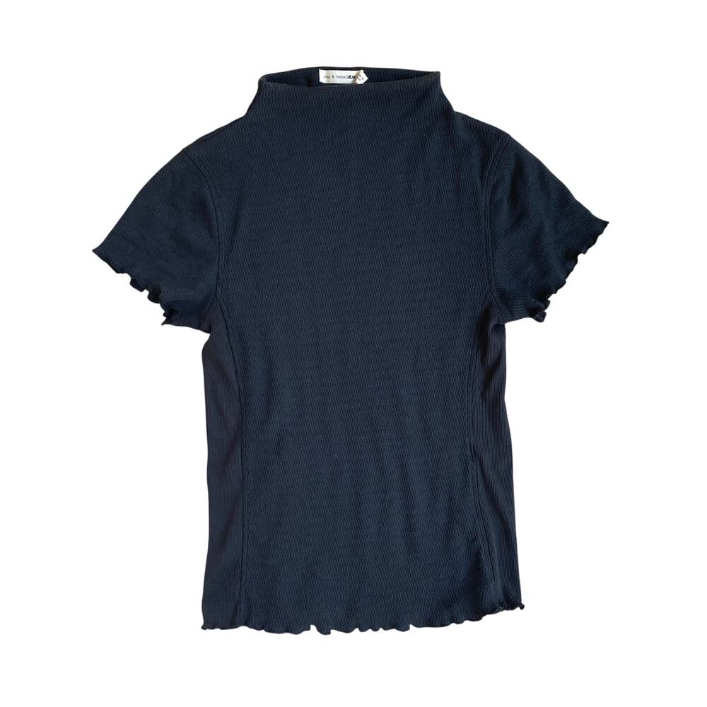Rag & Bone Black Mock Neck Ribbed Textured Cotton Short-sleeve Top Size S